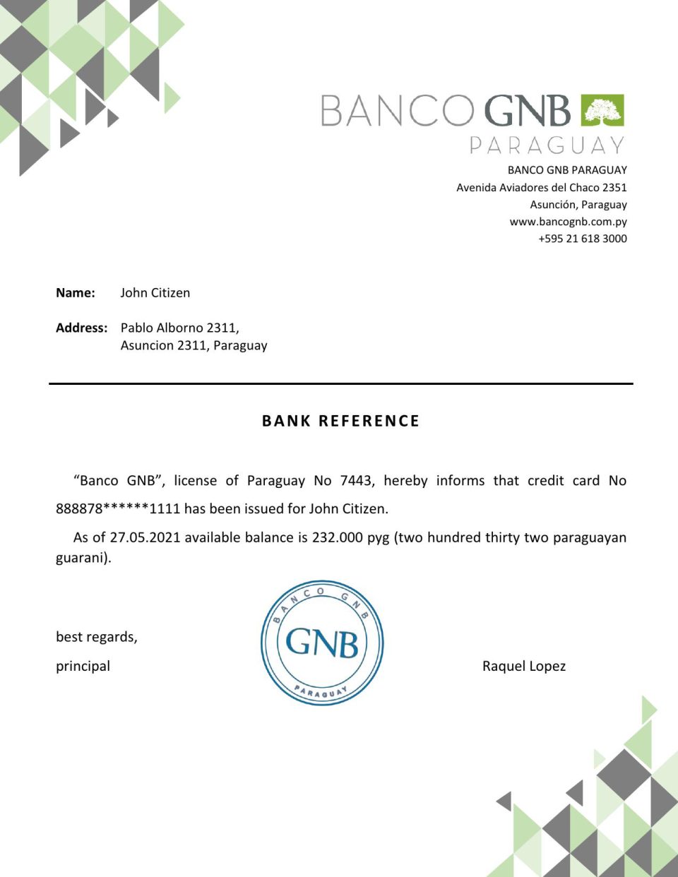 Download Paraguay Banco GNB Bank Reference Letter Templates | Editable Word