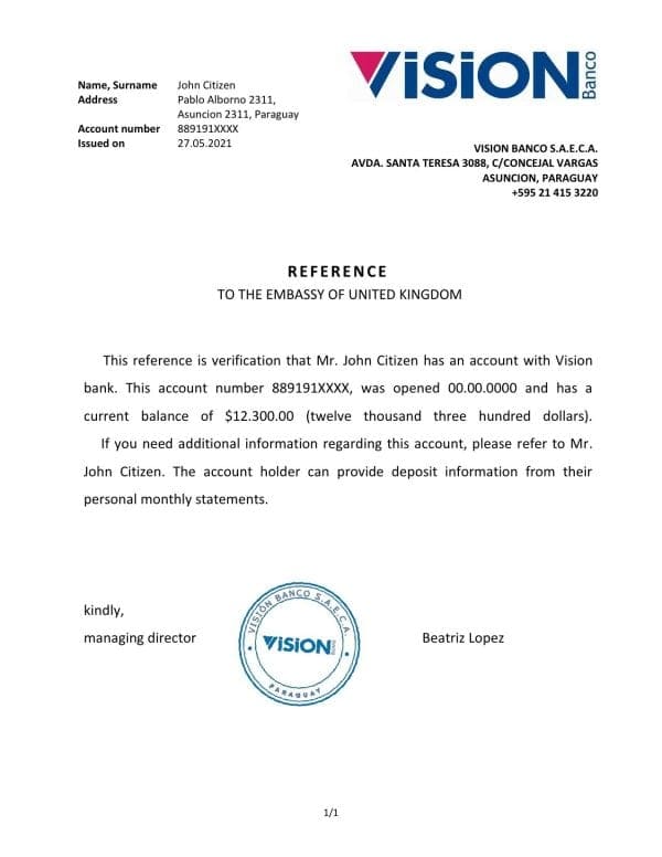 Download Paraguay Vision Banco Bank Reference Letter Templates | Editable Word
