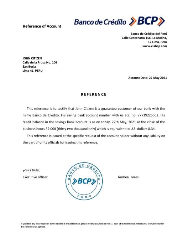 Download Peru Banco de Credito Bank Reference Letter Templates | Editable Word
