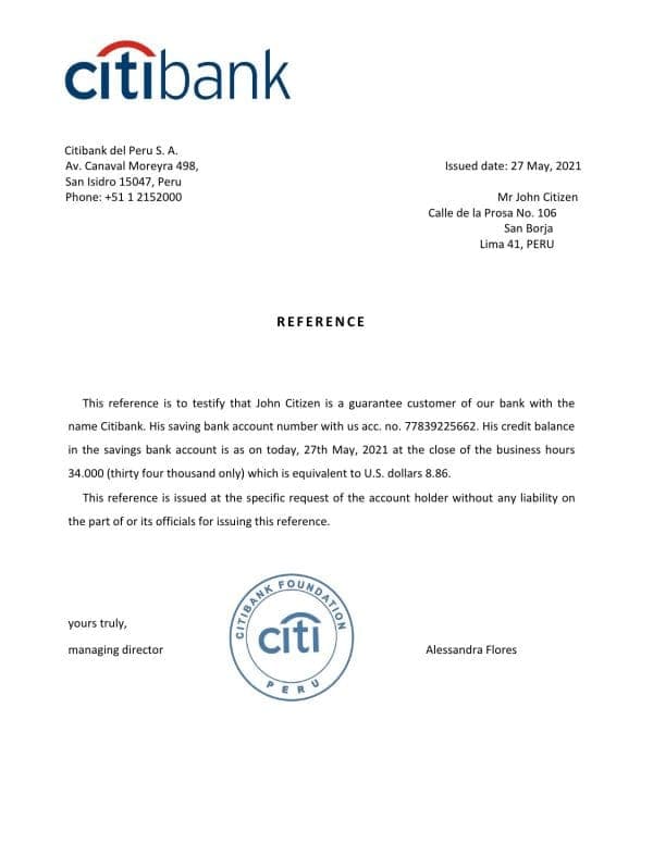 Download Peru Citibank Bank Reference Letter Templates | Editable Word