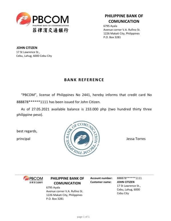 Download Philippines Pilippine Bank of Comunication Bank Reference Letter Templates | Editable Word