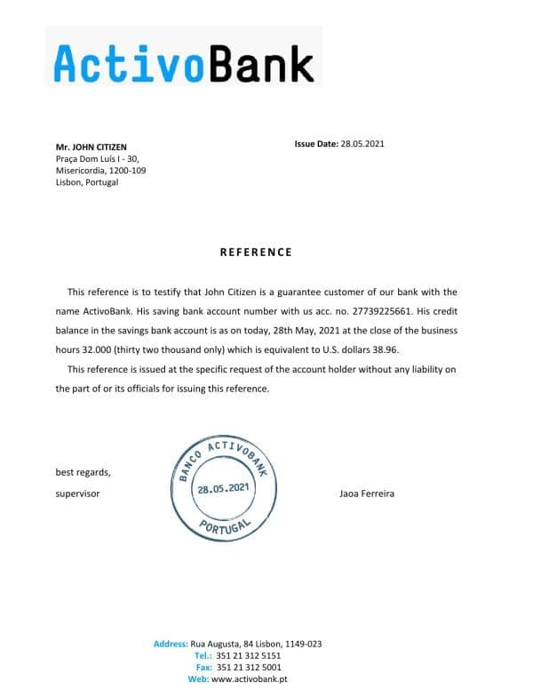 Download Portugal Activobank Bank Reference Letter Templates | Editable Word