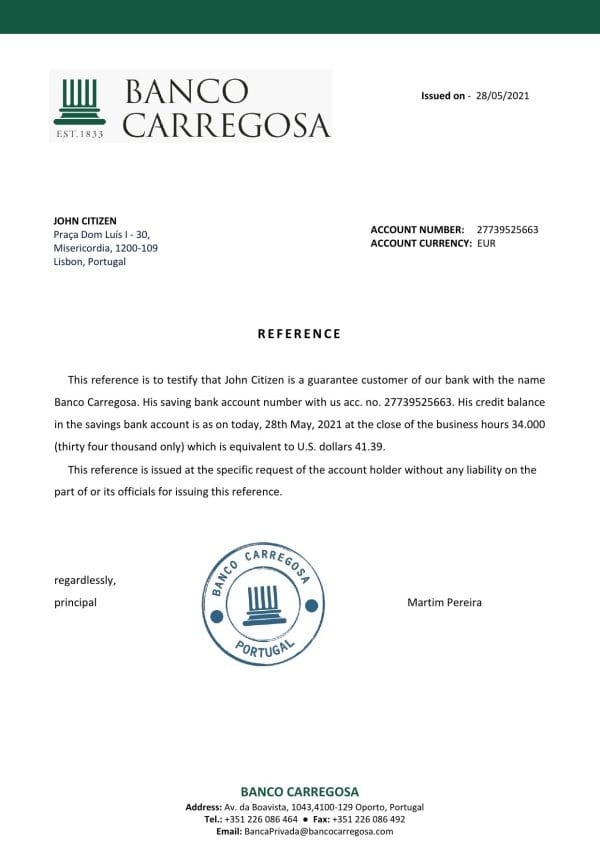 Download Portugal Banco Carregosa Bank Reference Letter Templates | Editable Word