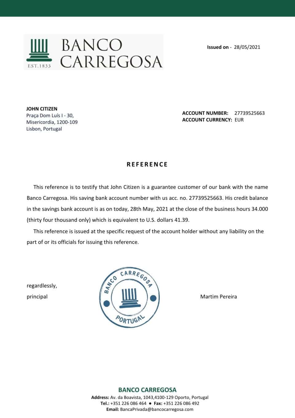 Download Portugal Banco Carregosa Bank Reference Letter Templates | Editable Word