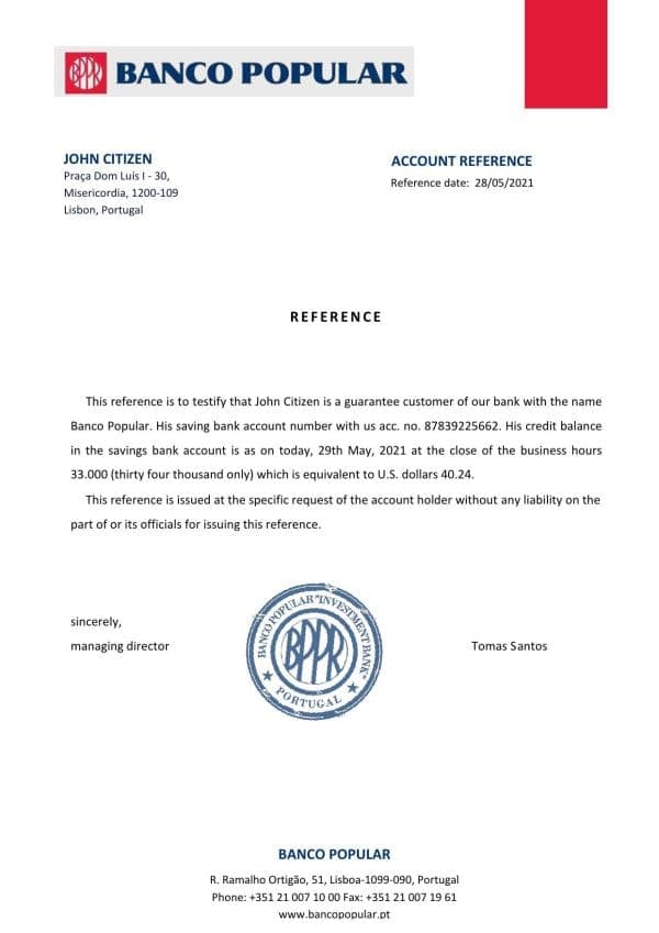 Download Portugal Banco Popular Bank Reference Letter Templates | Editable Word