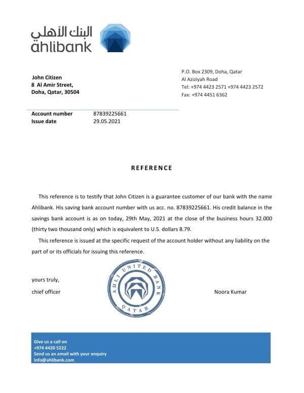 Download Qatar Ahlibank Bank Reference Letter Templates | Editable Word