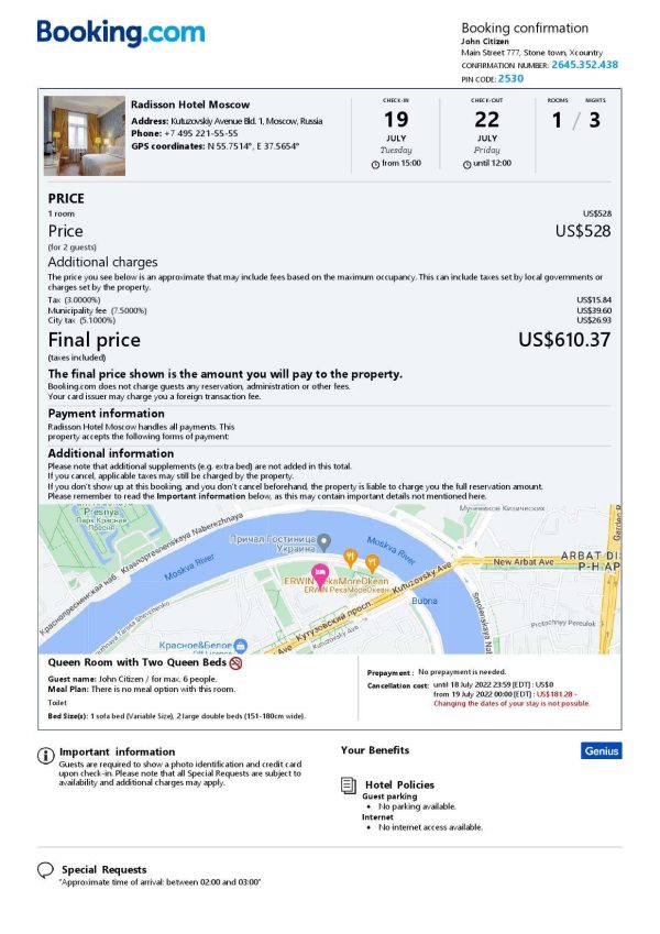 Russia hotel booking confirmation Word and PDF template, 2 pages