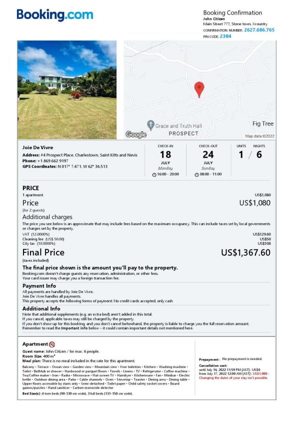 Saint Kitts and Nevis hotel booking confirmation Word and PDF template, 2 pages