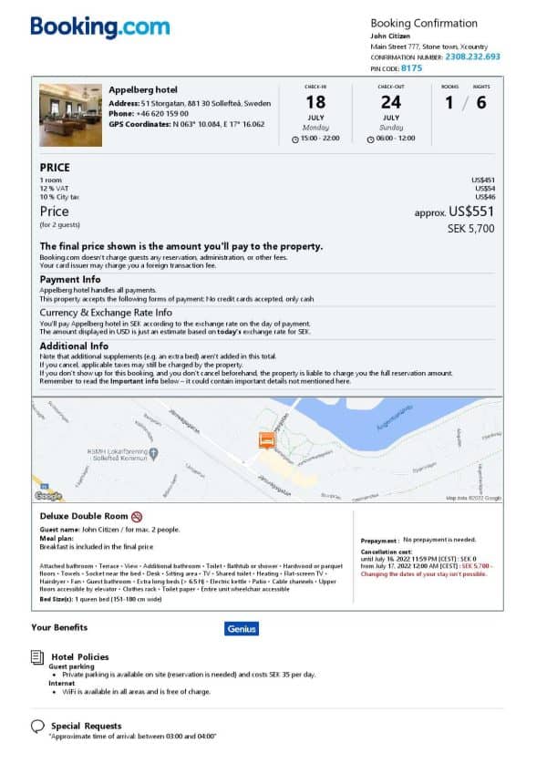 Customizable Sweden Airbnb Reservation Template | Word & PDF Formats