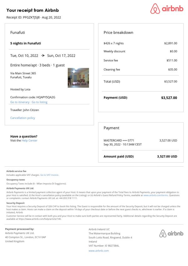 Tuvalu Airbnb booking confirmation Word and PDF template