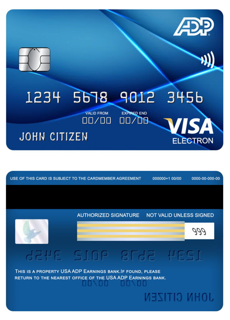 Editable USA ADP Earnings bank visa electron card Templates in PSD Format