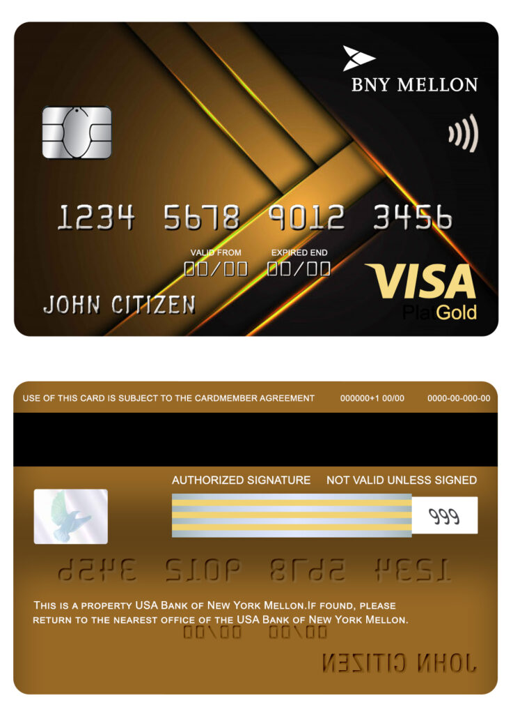 Editable USA Bank of New York Mellon visa gold card Templates
