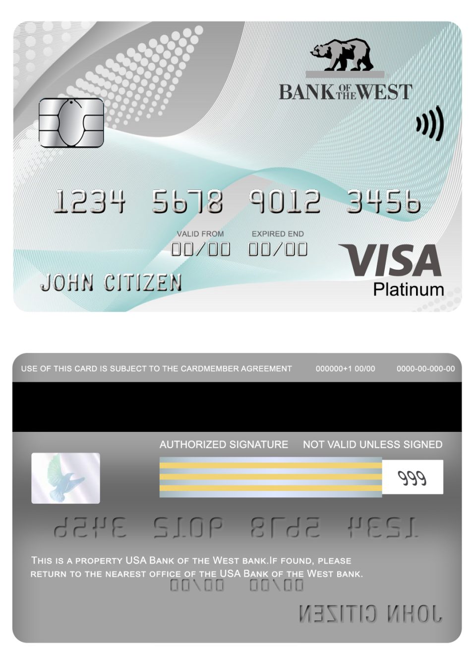 Editable USA Bank of the West bank visa platinum card Templates in PSD Format