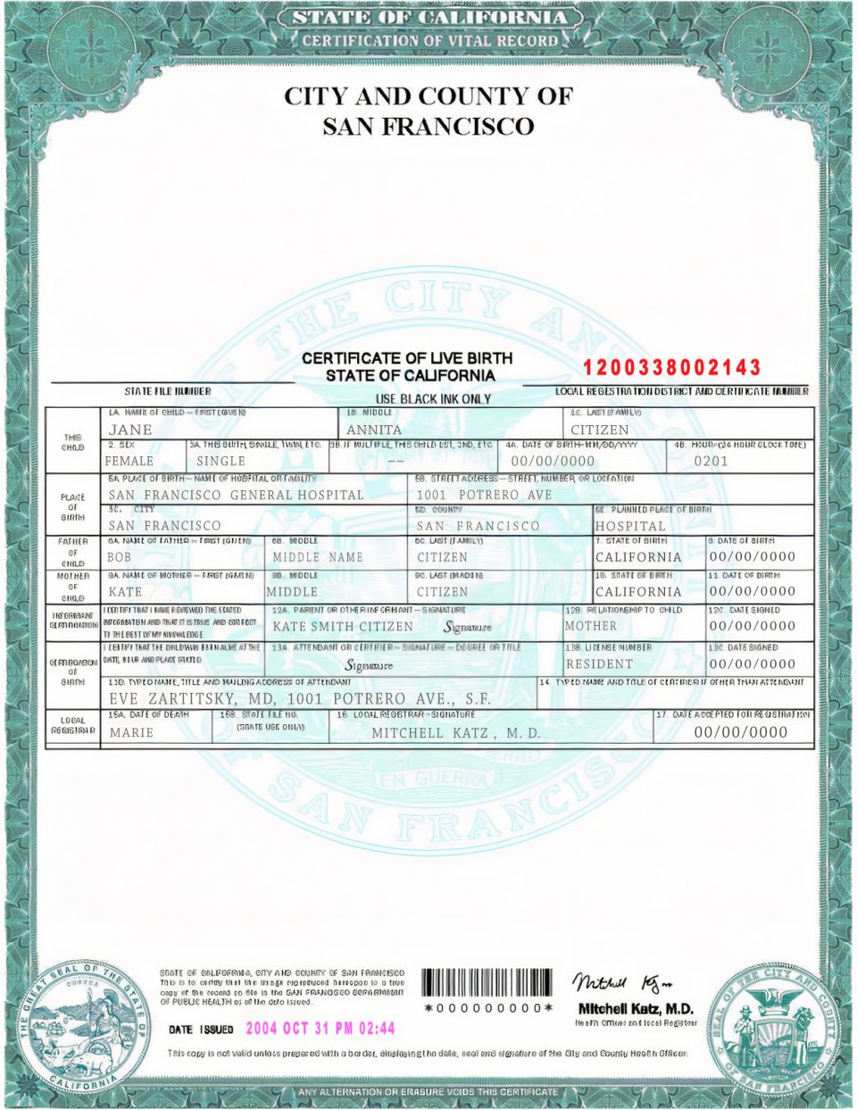 Authentic USA California Birth Certificate Template | Customize and Download Online