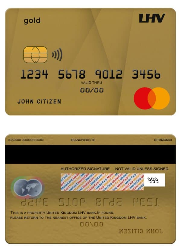 Editable United Kingdom LHV bank mastercard gold credit card Templates in PSD Format