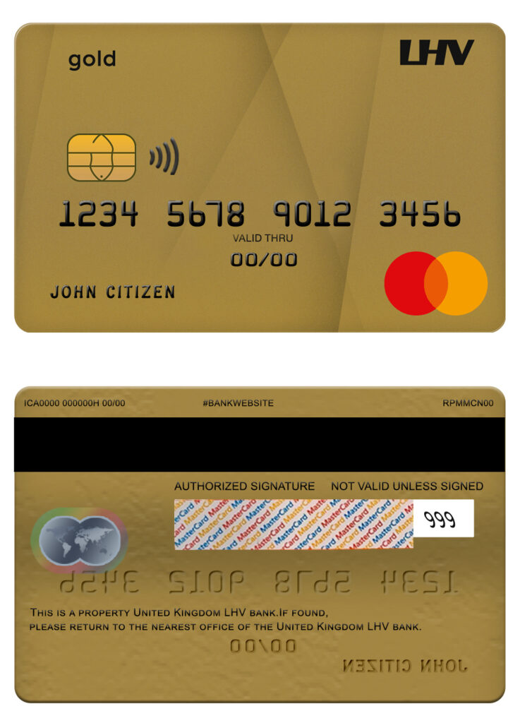 Editable United Kingdom LHV bank mastercard gold credit card Templates in PSD Format