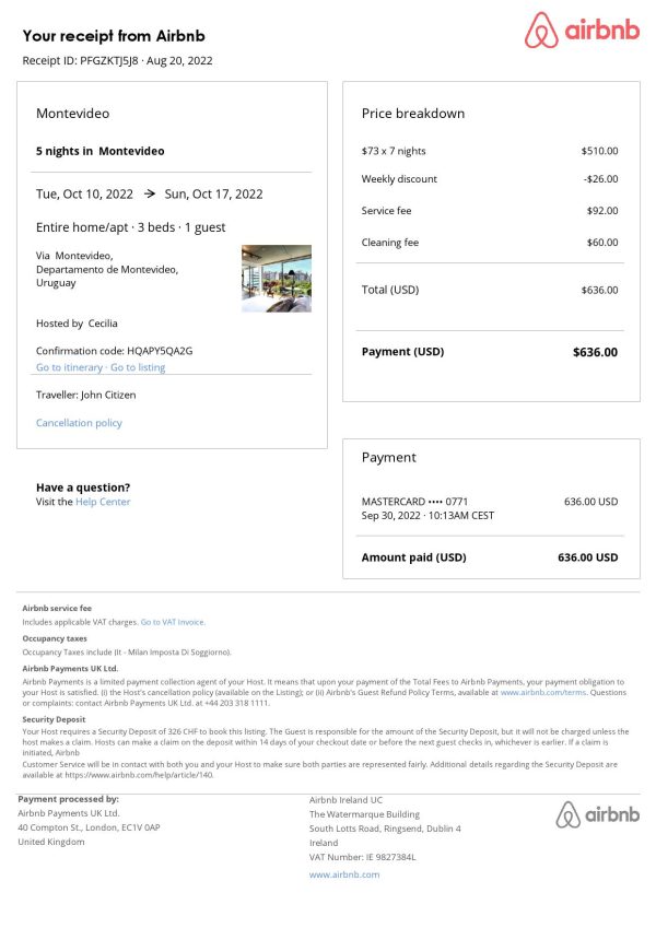 Uruguay Airbnb booking confirmation Word and PDF template