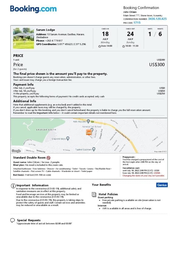 Editable Zimbabwe Hotel Booking Form Template | Fillable PDF