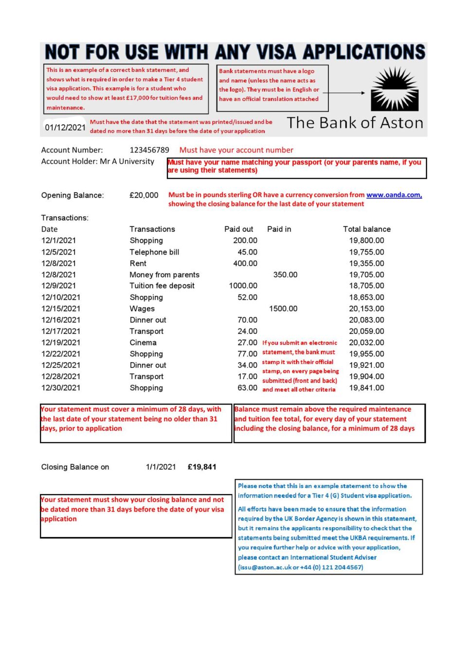 United Kingdom The Bank of Aston Bank statement Excel Free Template