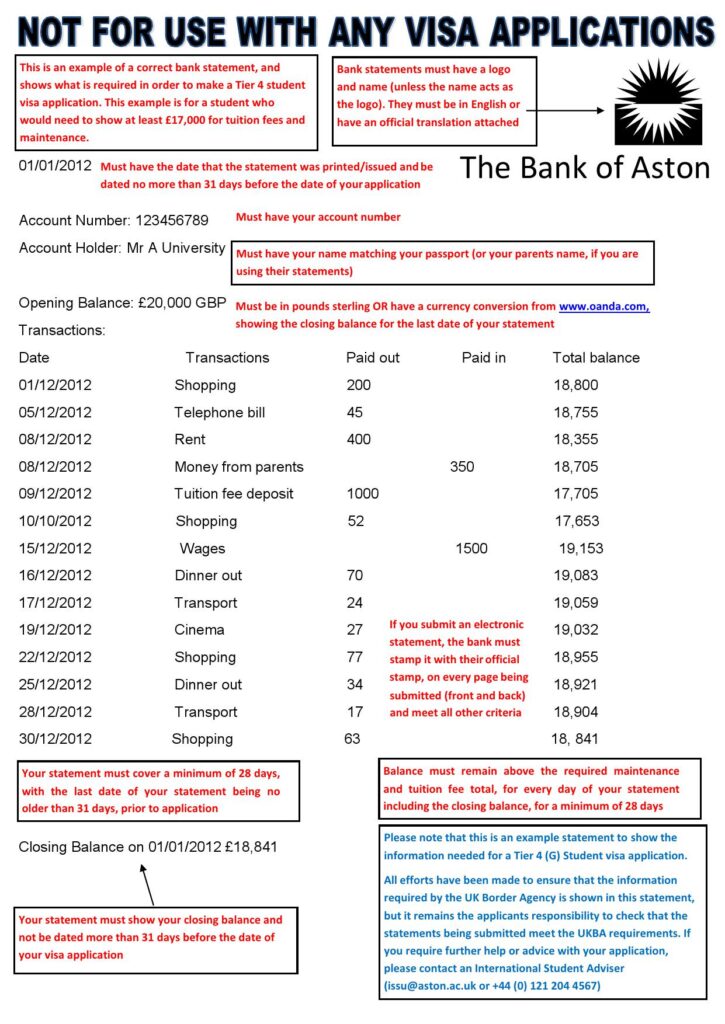 United Kingdom The Bank of Aston Bank Statement Word Free Template