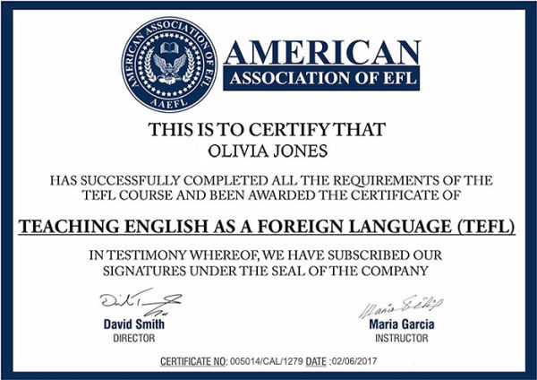 Fake American Association of EFL, TEFL Certificate PSD Template