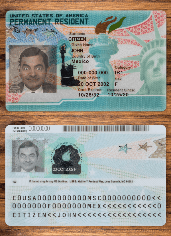 USA green card, permanent resident card template in PSD format, fully editable
