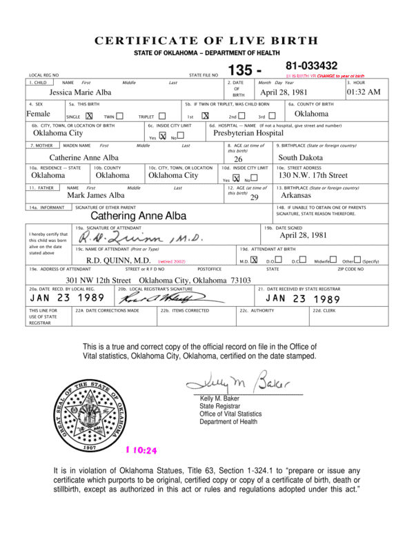 USA Oklahoma Birth Certificate word template