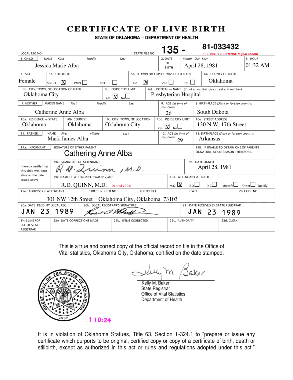 USA Oklahoma Birth Certificate word template