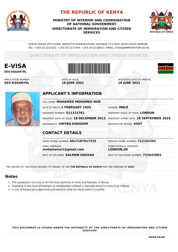 Kenya e-Visa Word and PDF Template