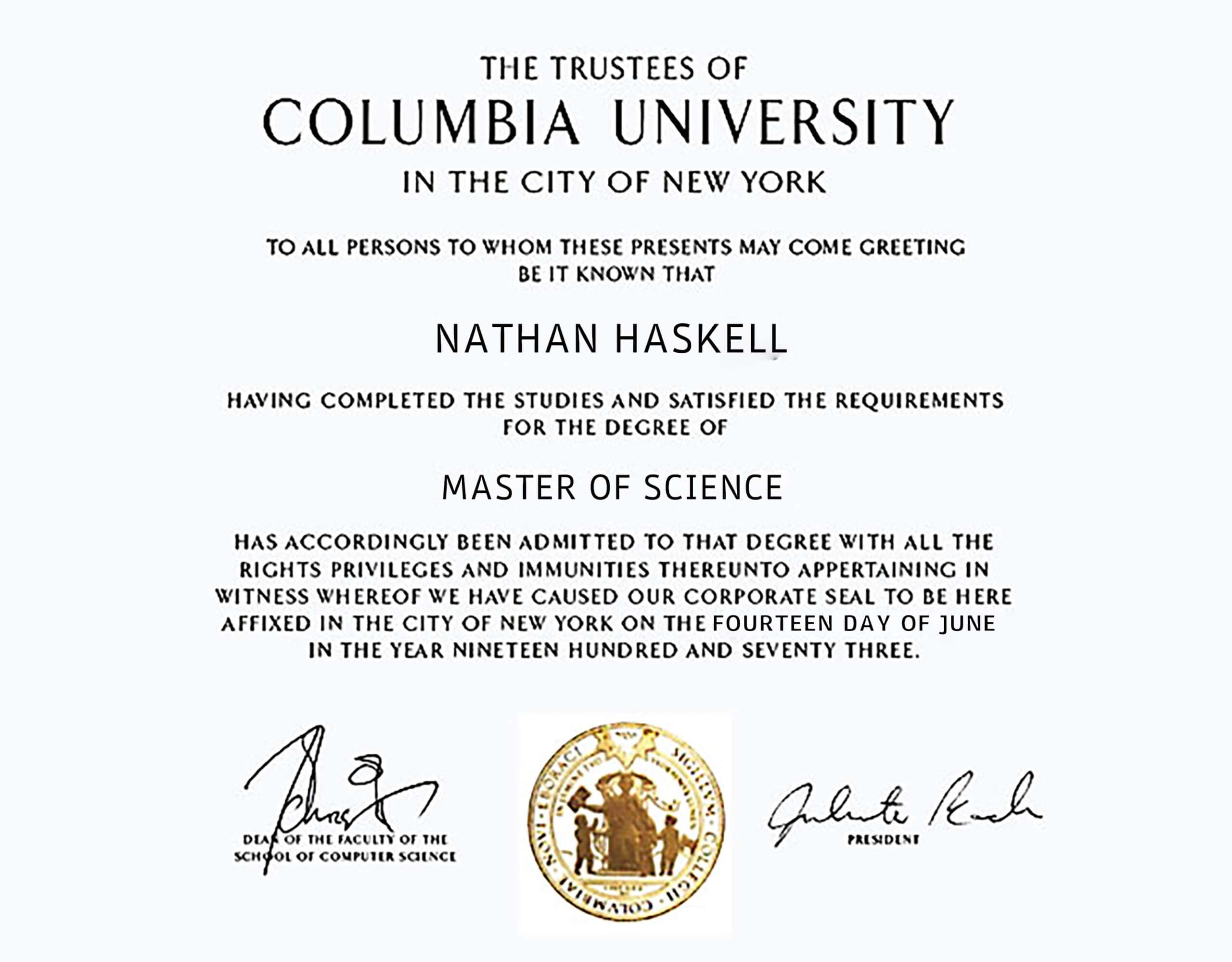 Authentic-Looking Editable certificate from Columbia University