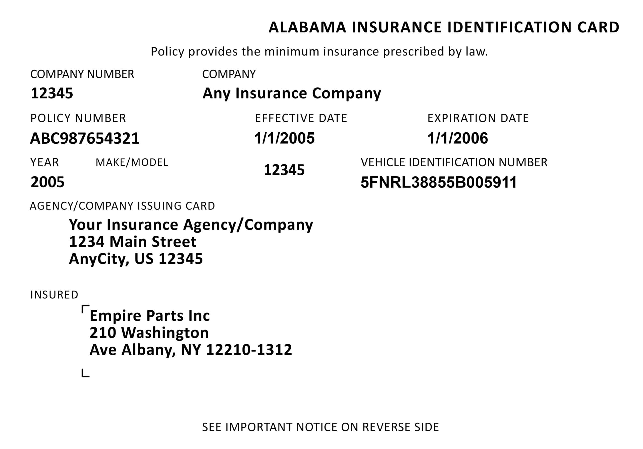 Editable  Alabama Insurance Identification Card