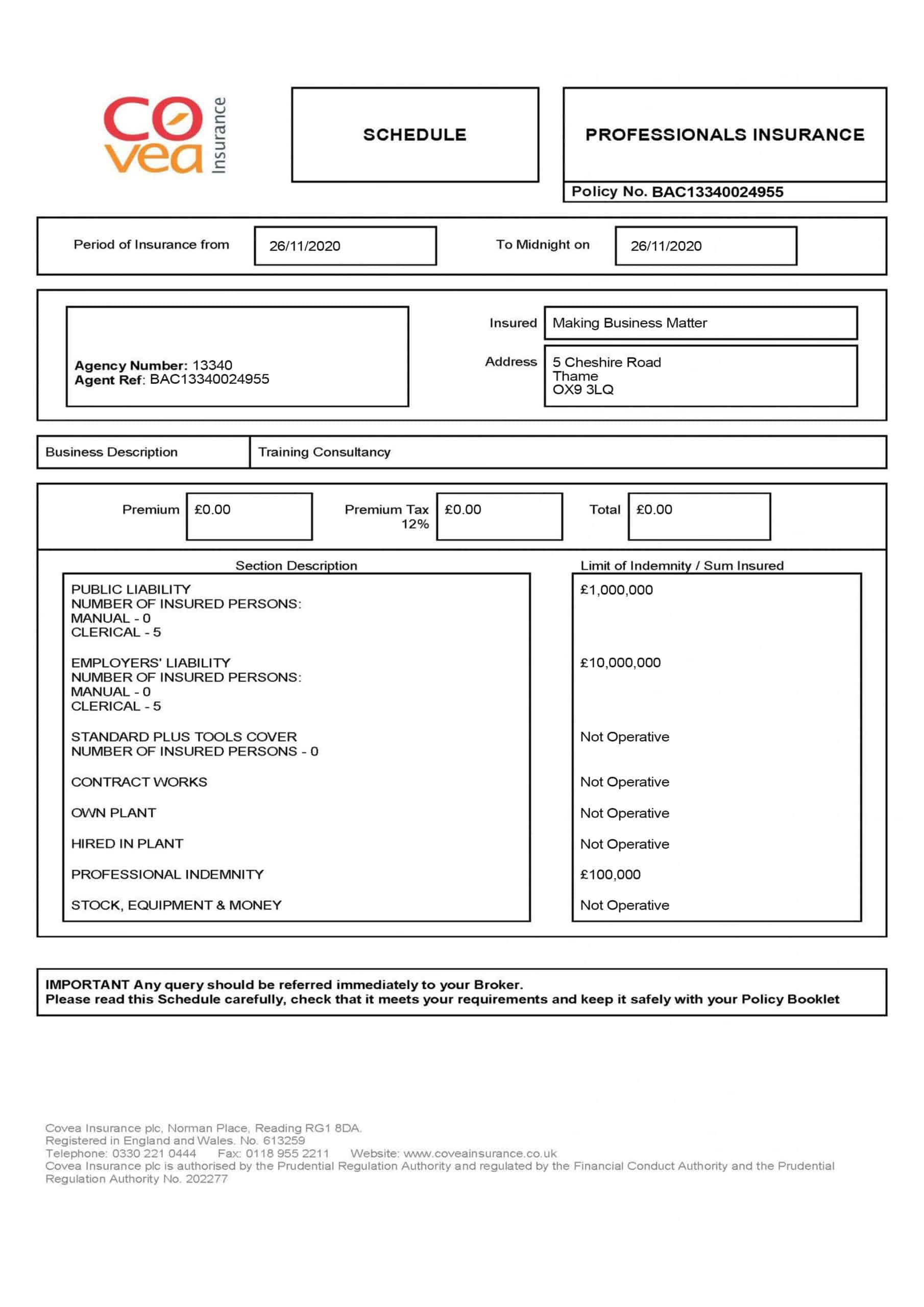 Editable  Proof of Covea Professionals Insurance