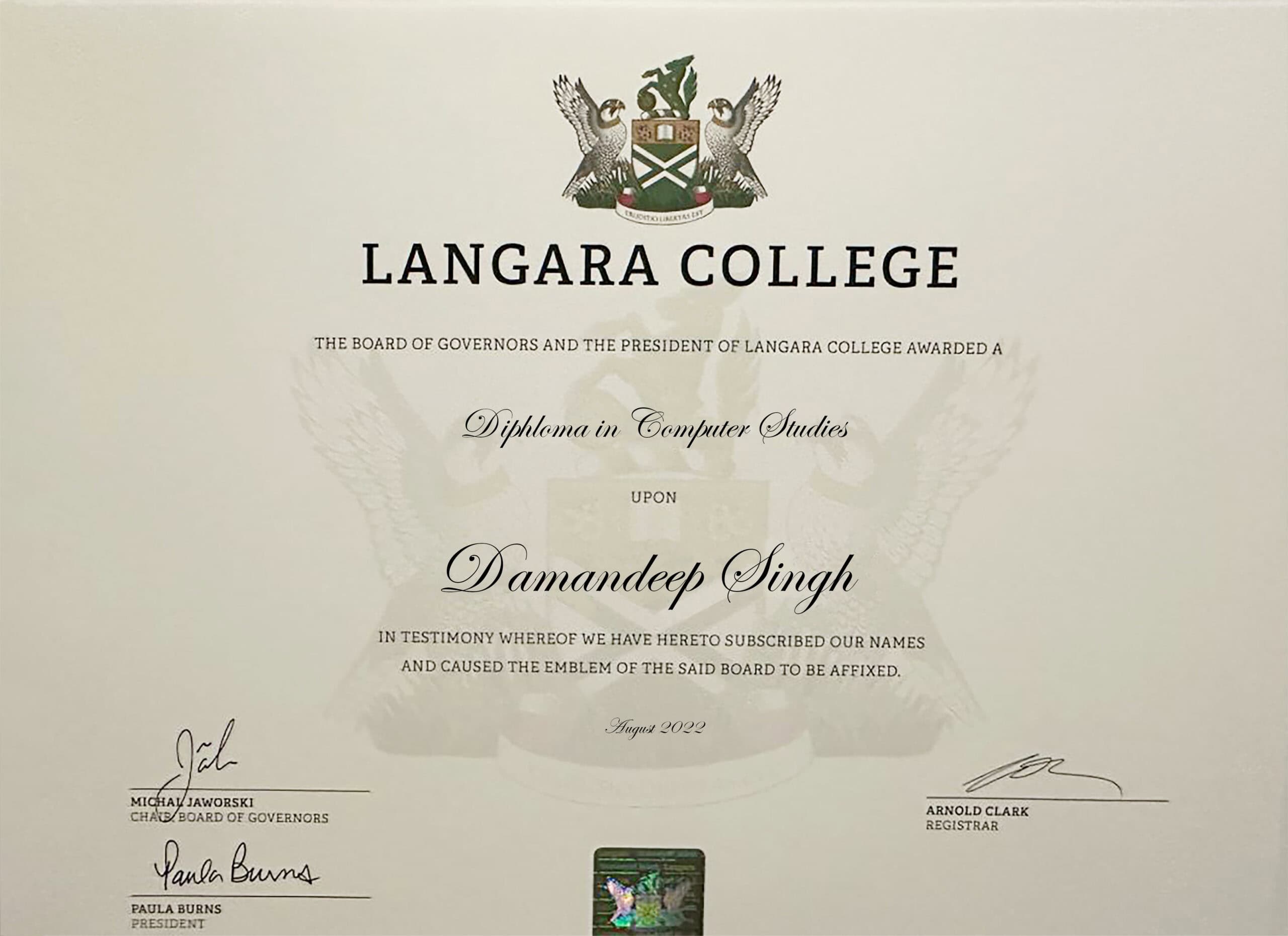 Editable Certificate from Langara College Template