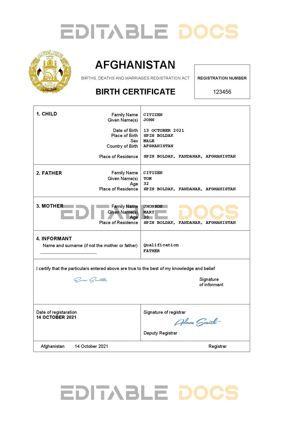 Authentic Afghanistan Birth Certificate Template | Customize and Download Online