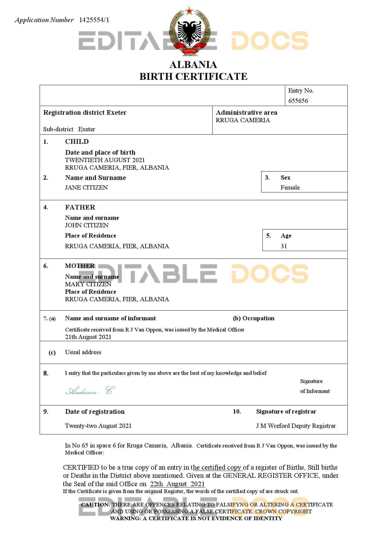 Authentic Albania Birth Certificate Template | Customize and Download Online
