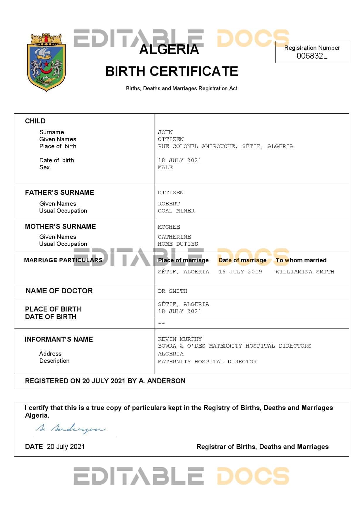 Authentic Algeria Birth Certificate Template | Customize and Download Online