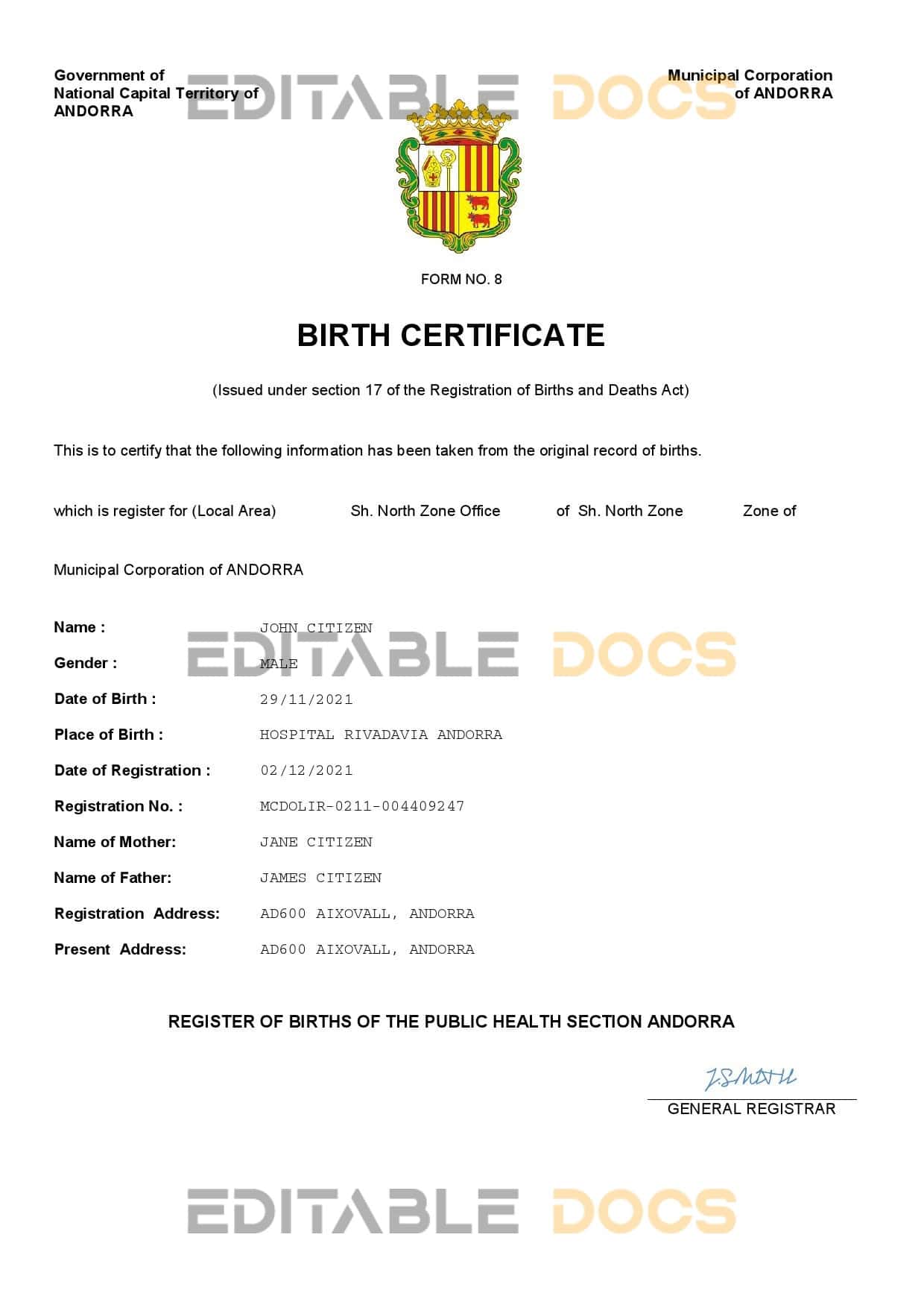 Authentic Andorra Birth Certificate Template | Customize and Download Online