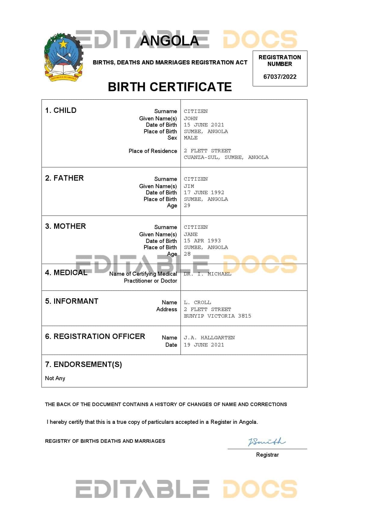 Authentic Angola Birth Certificate Template | Customize and Download Online
