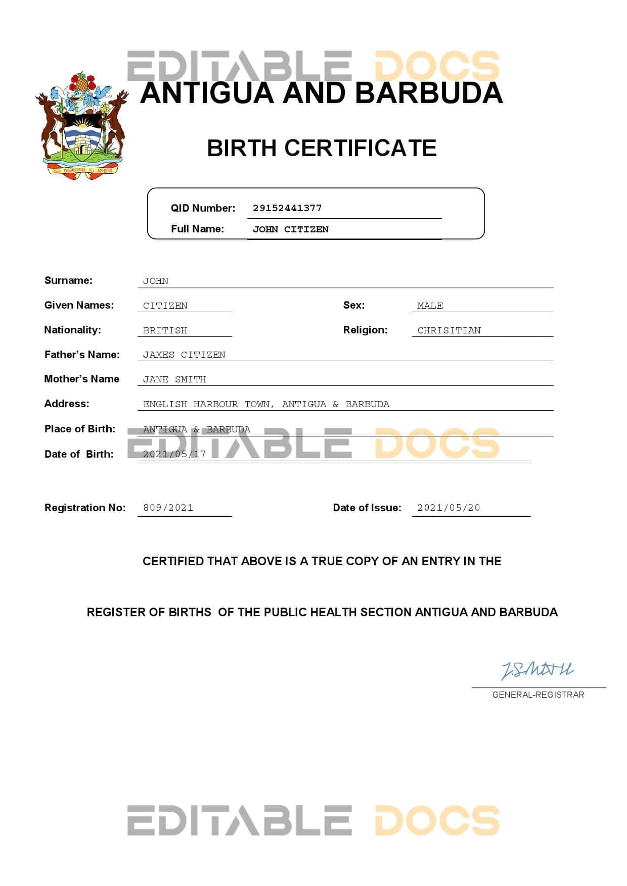 Authentic Antigua and Barbuda Birth Certificate Template | Customize and Download Online