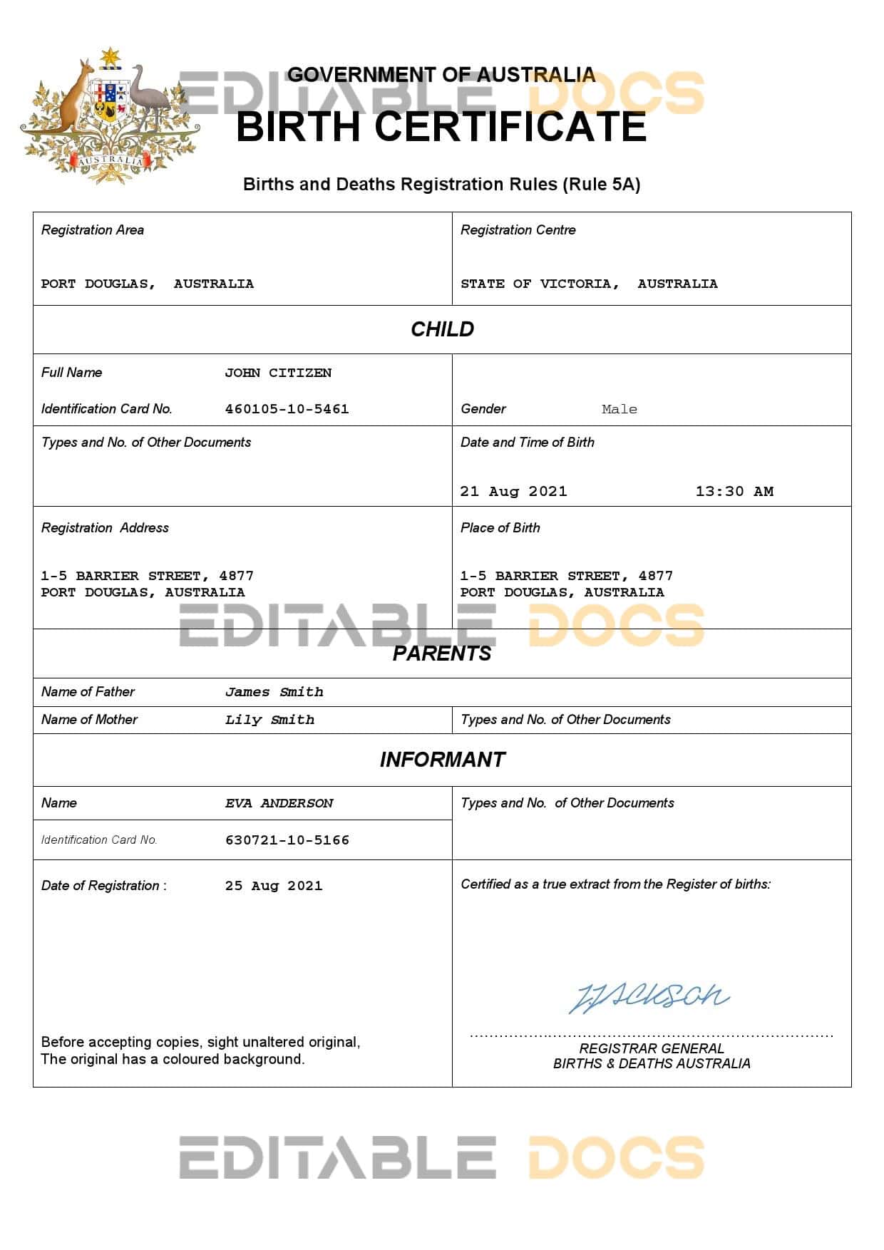 Authentic Australia Birth Certificate Template | Customize and Download Online