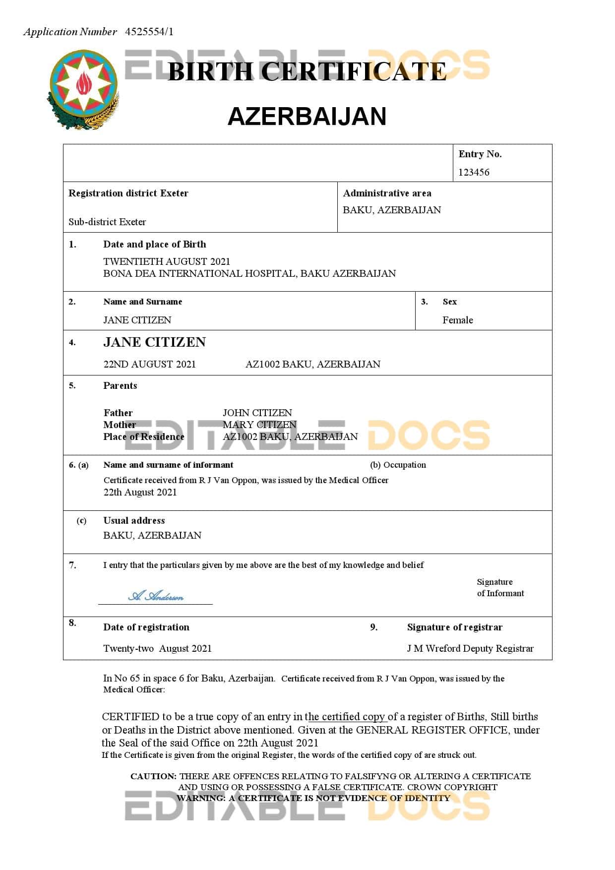 Authentic Azerbaijan Birth Certificate Template | Customize and Download Online