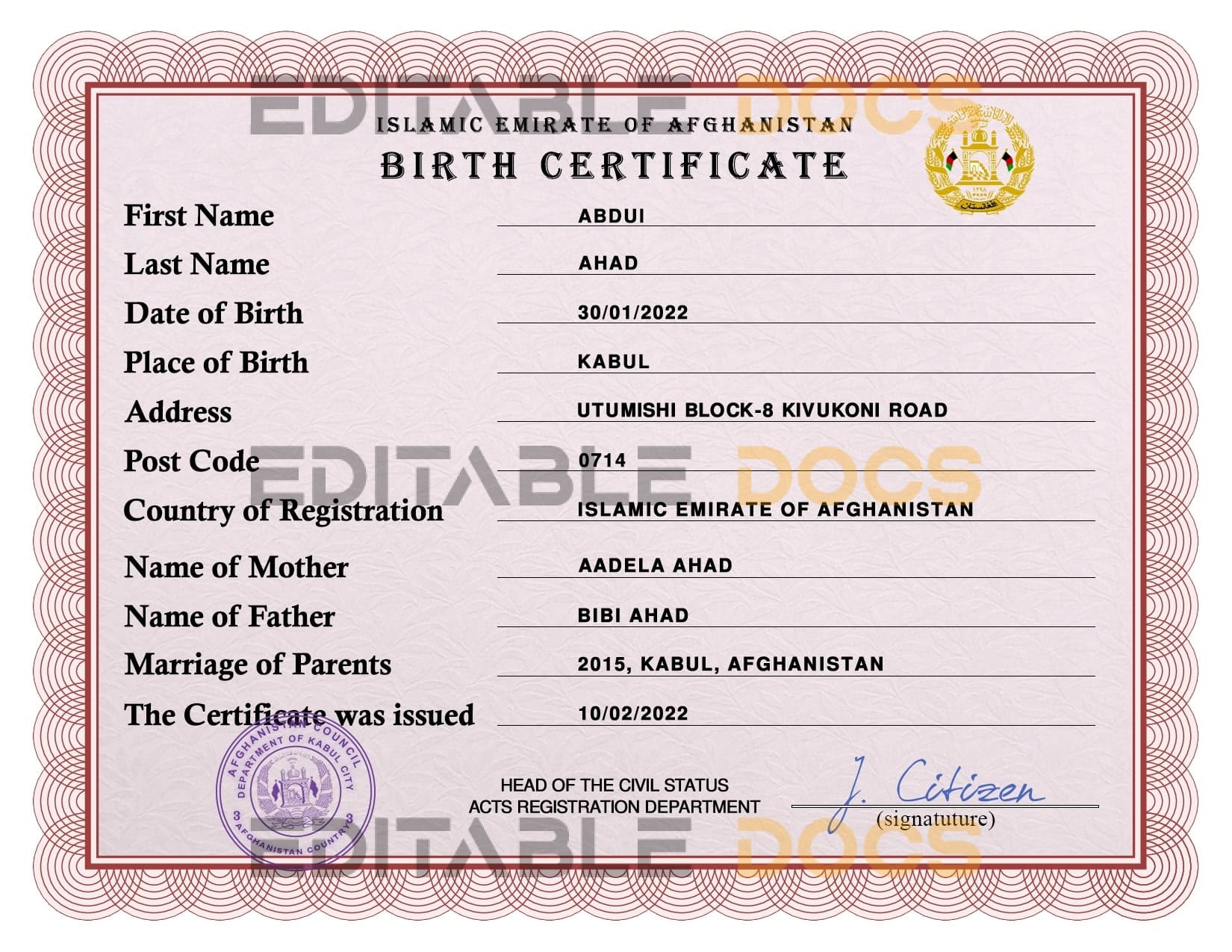 Authentic Afghanistan Birth Certificate Template | Customize and Download Online