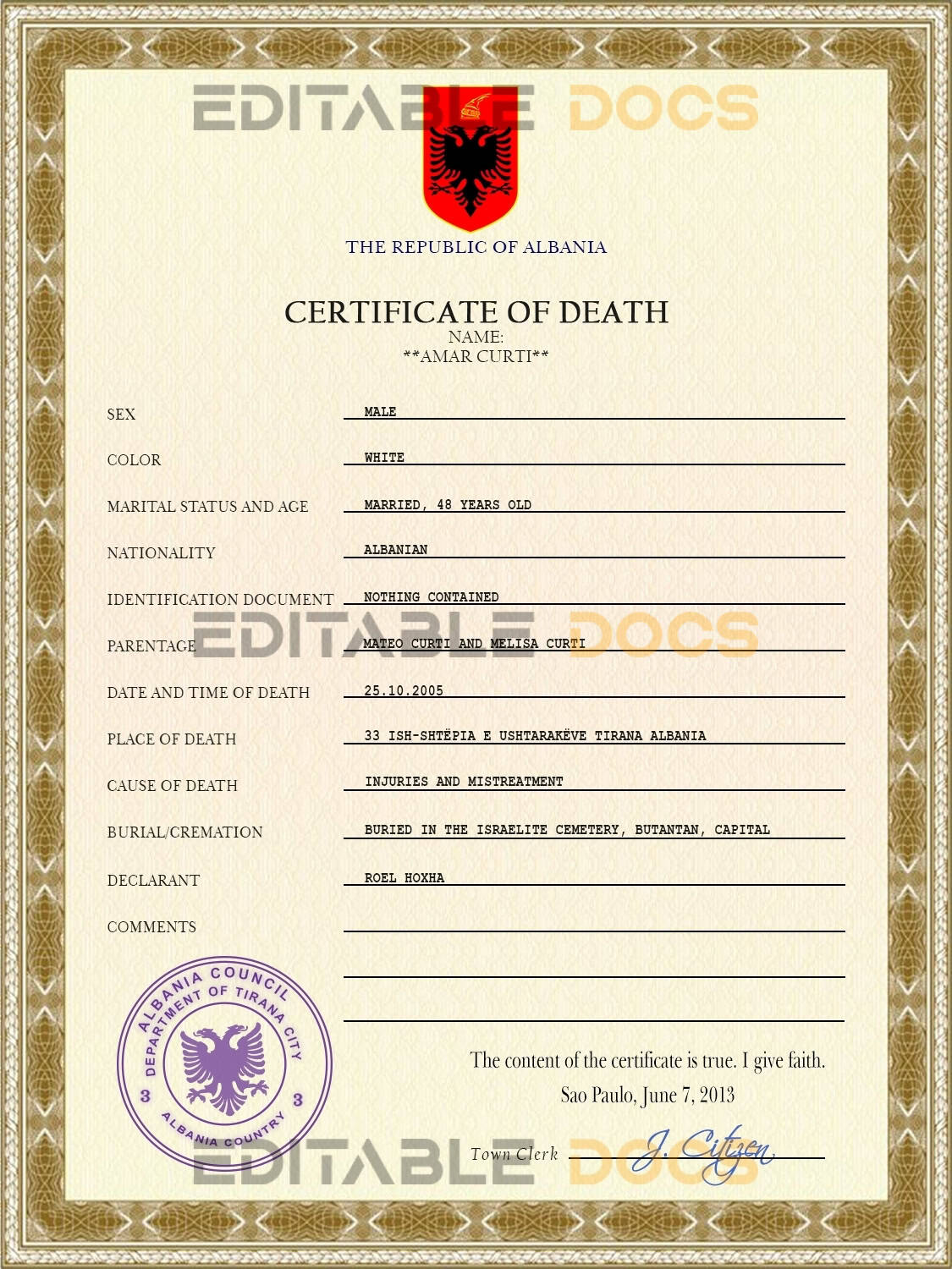Customizable Albania Death Certificate PSD Templates | Instant Download