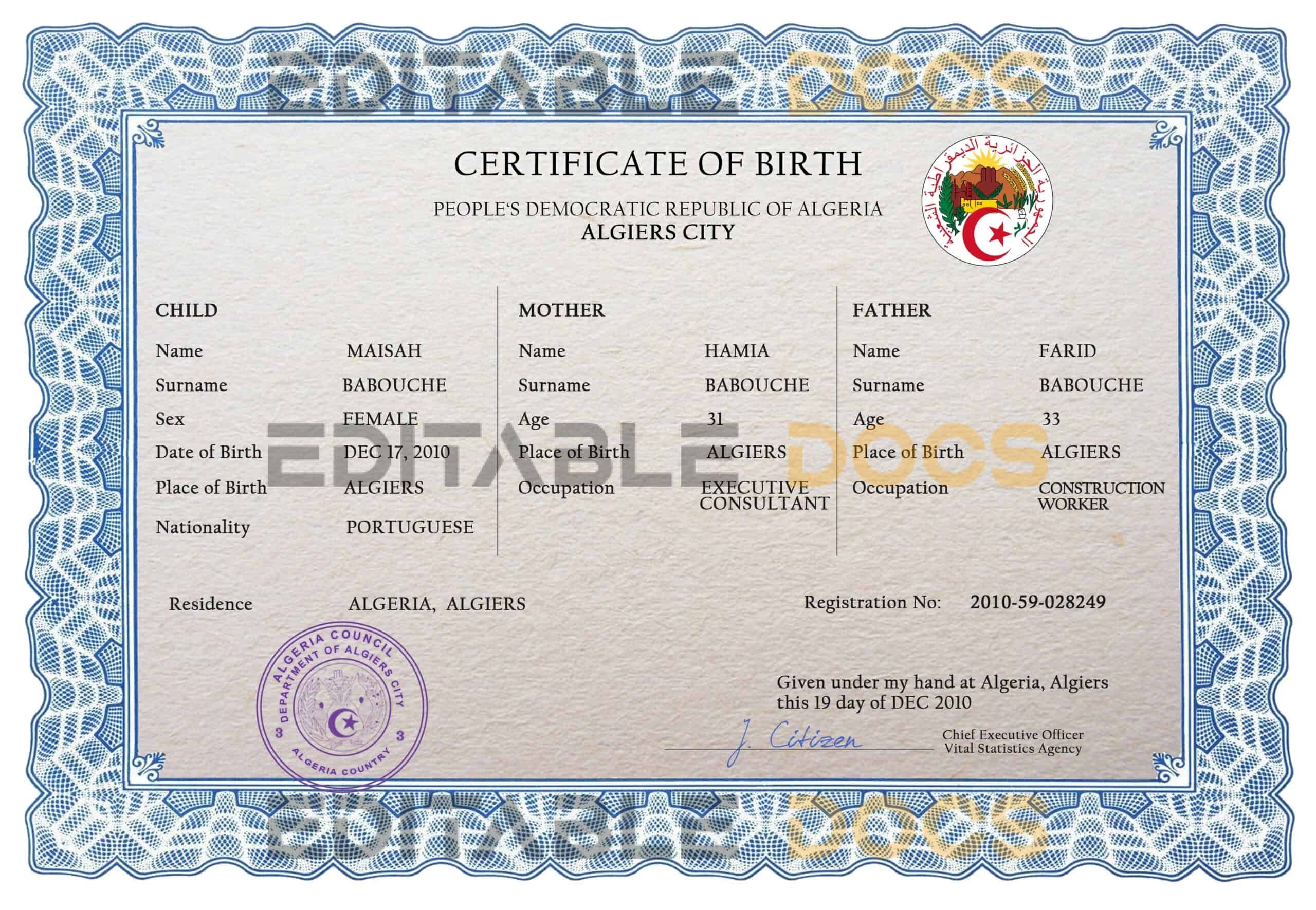 Authentic Algeria Birth Certificate Template | Customize and Download Online