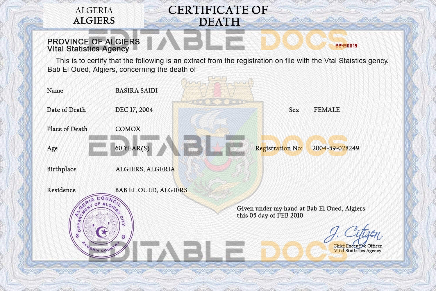 Customizable Algeria Death Certificate PSD Templates | Instant Download