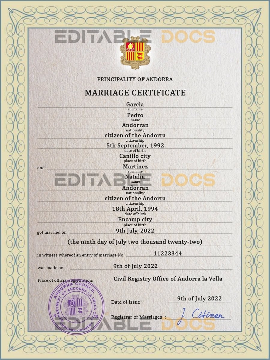 Andorra Marriage Certificate | Editable PSD Templates