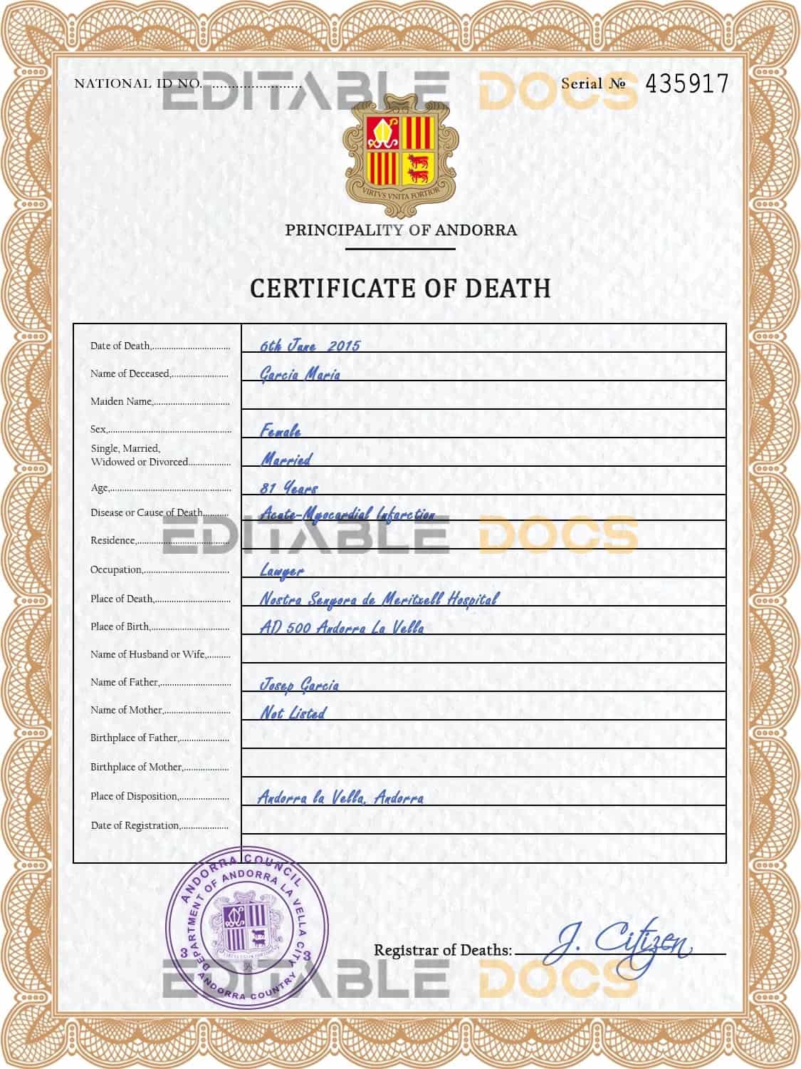 Customizable Andorra Death Certificate PSD Templates | Instant Download