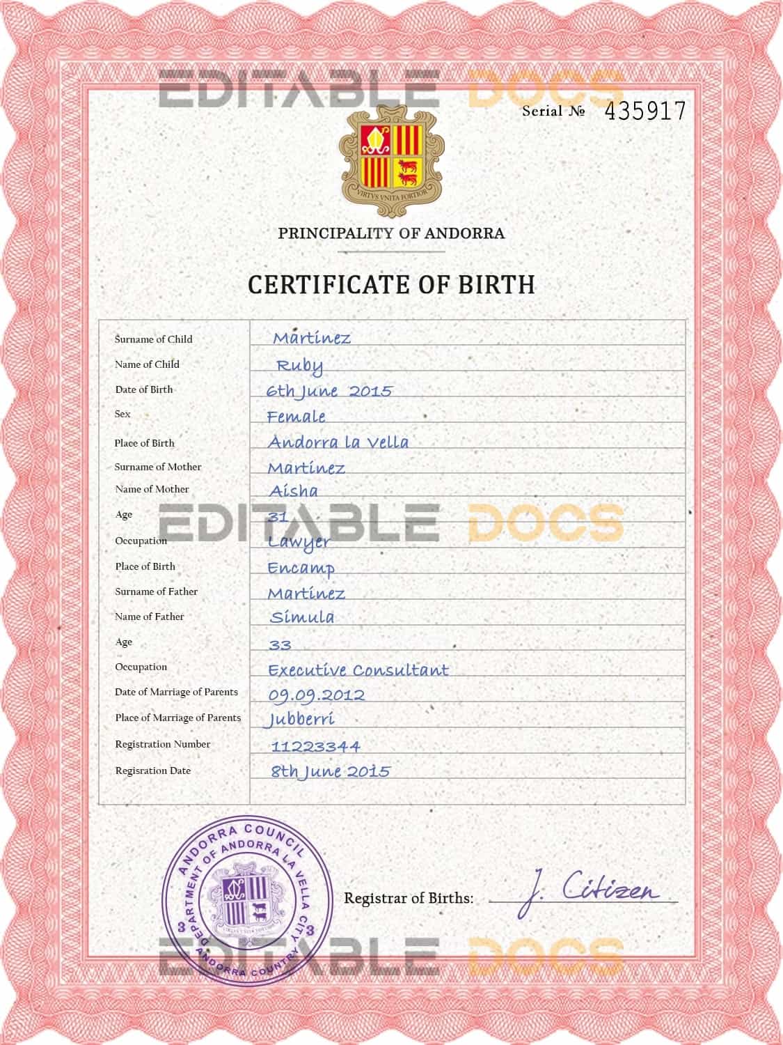 Authentic Andorra Birth Certificate Template | Customize and Download Online