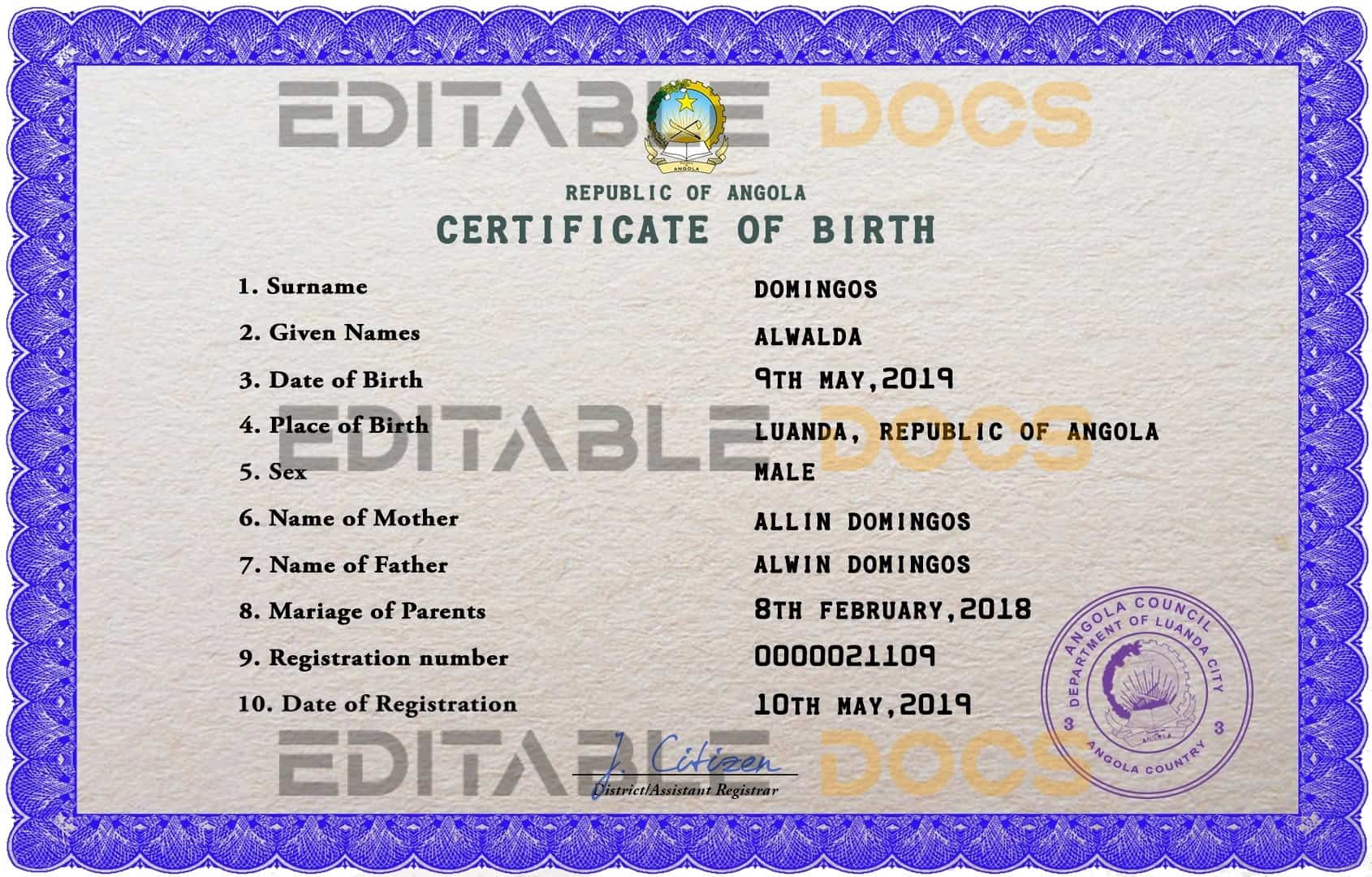 Authentic Angola Birth Certificate Template | Customize and Download Online