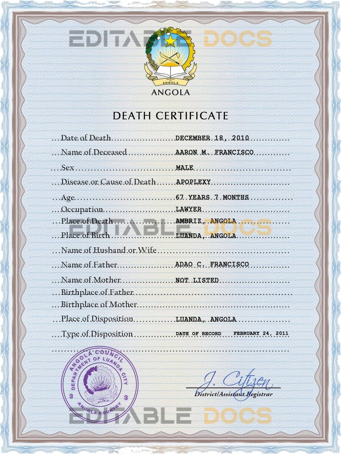 Customizable Angola Death Certificate PSD Templates | Instant Download